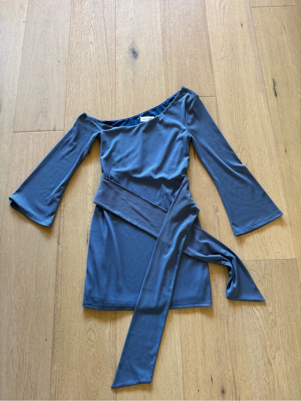 Privacy Please Chloe One-Shoulder Steel Blue Wrap Mini Dress - Picture 2 of 5